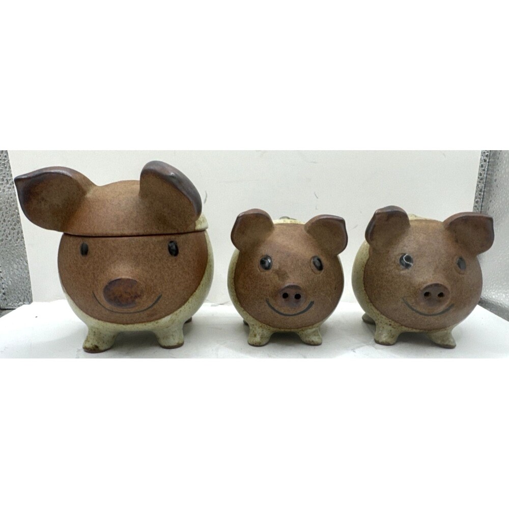 Vtg 1970s UCTCI Japan Smiling Pig Face sugar Bowl W/Lid Salt & Pepper Shakers